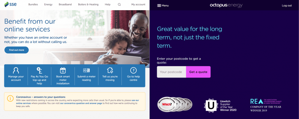 a screenshot of the SSE homepage next to a screenshot of the Octopus Energy homepage showing just how strong Octopus Energy's modern branding is in comparison