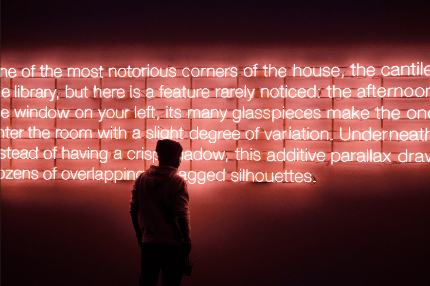 a silhouetted figure stands before a dark wall illuminated by a series of English words in neon 